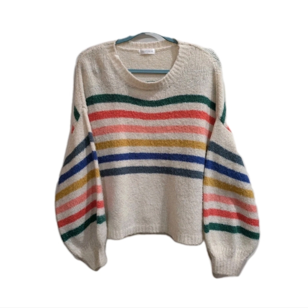 Womens Rainbow Striped Oversized Sweater Small‎ Balloon Sleeve Boxy Pride Retro